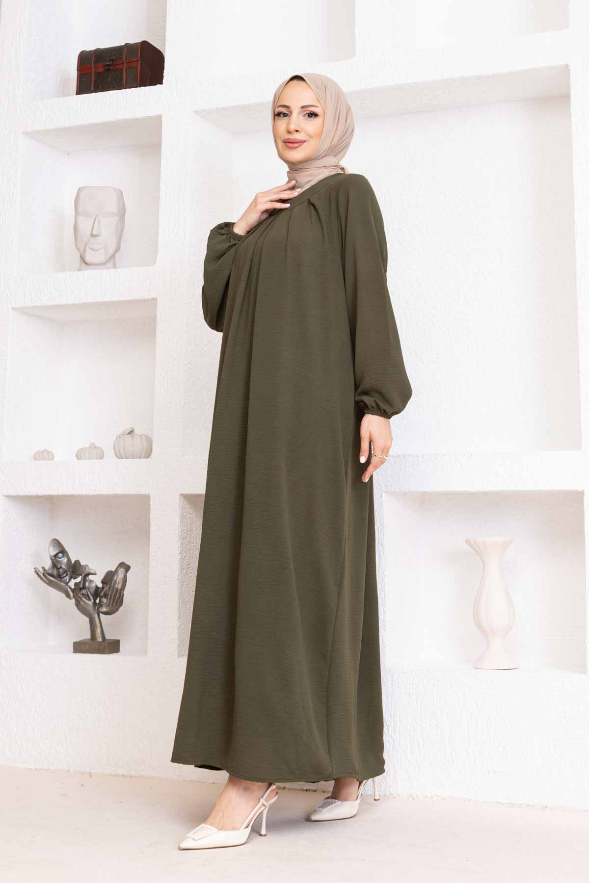 Yakası Piliseli Ayrobin Elbise - Haki