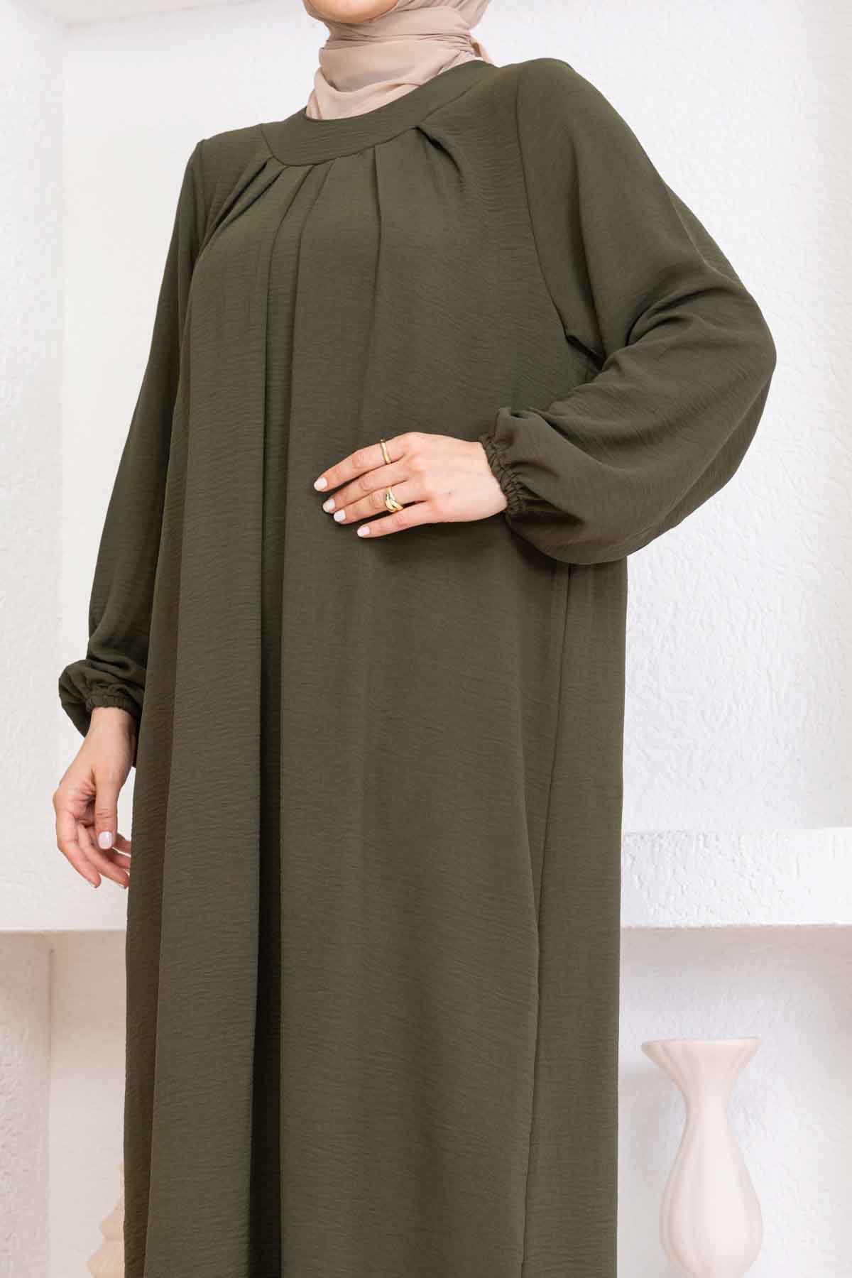 Yakası Piliseli Ayrobin Elbise - Haki