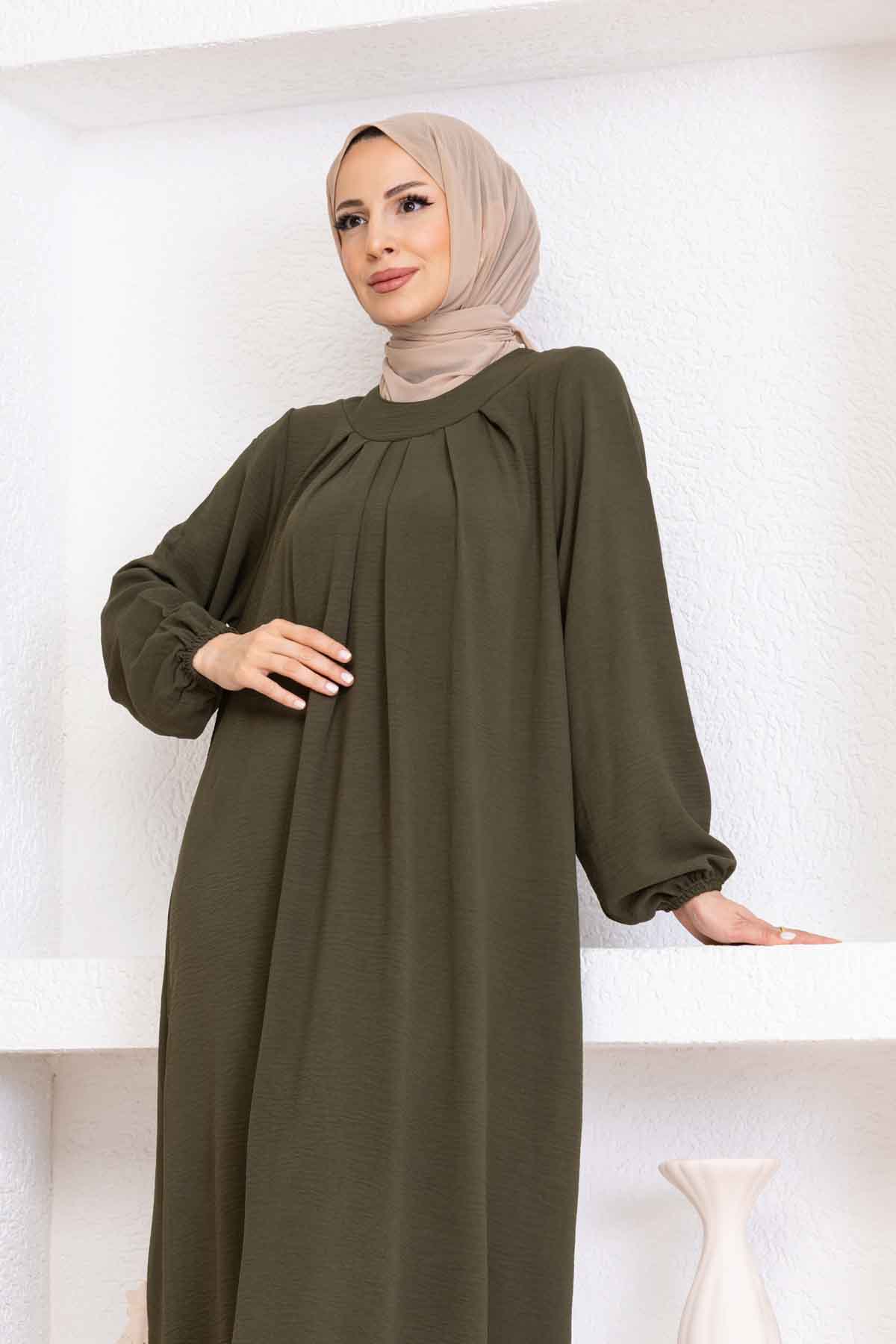 Yakası Piliseli Ayrobin Elbise - Haki