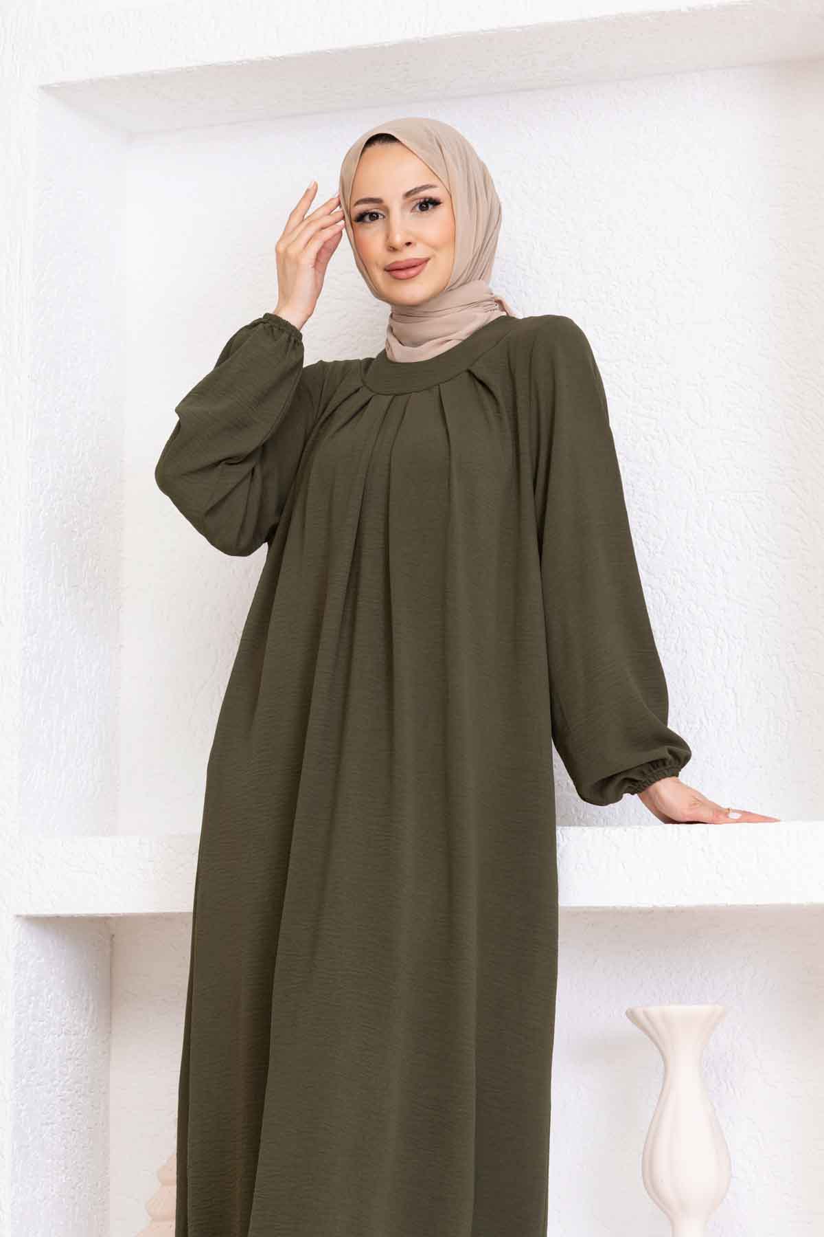 Yakası Piliseli Ayrobin Elbise - Haki