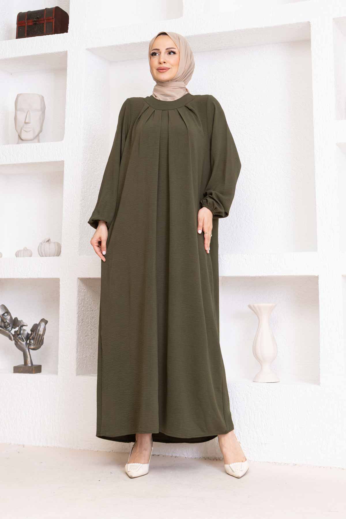 Yakası Piliseli Ayrobin Elbise - Haki