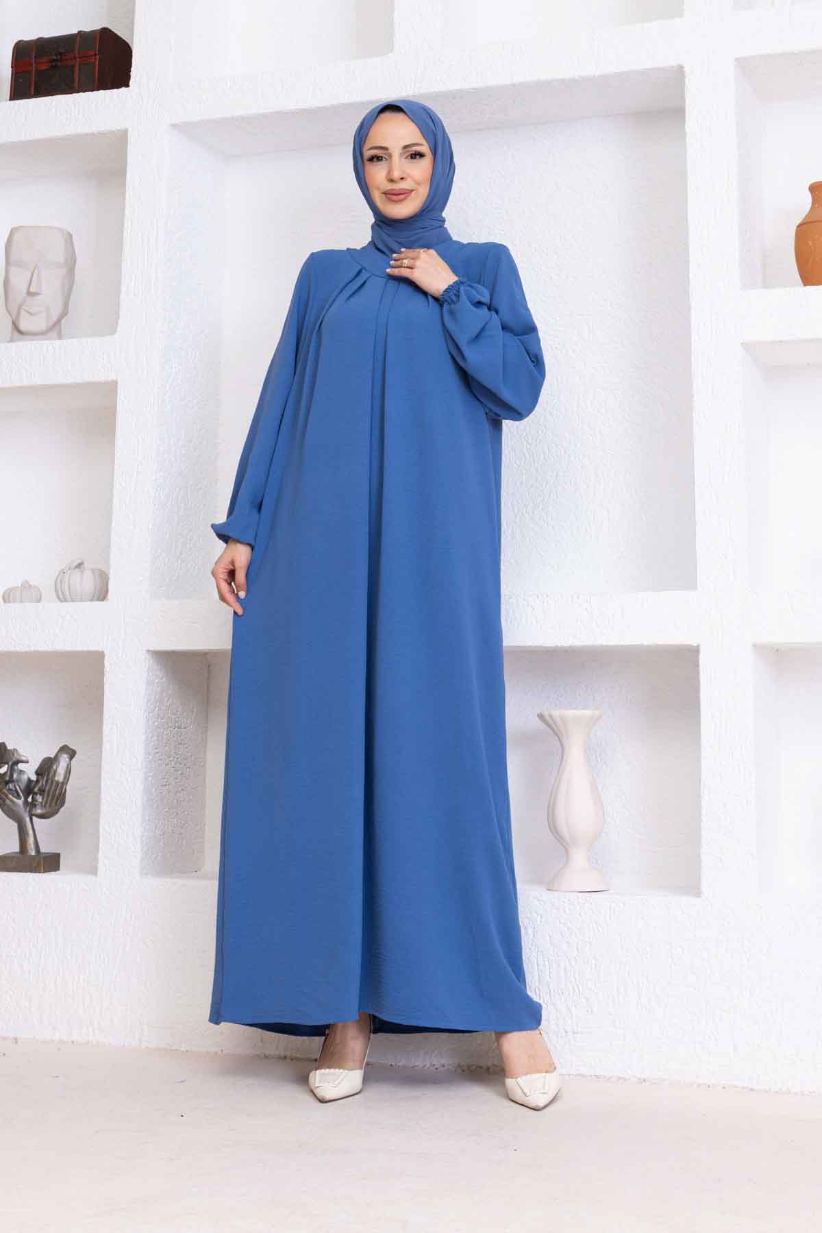 Yakası Piliseli Ayrobin Elbise - İndigo