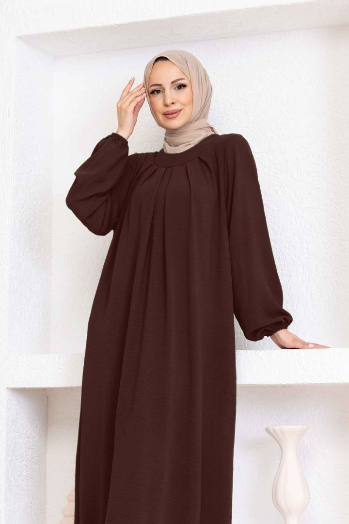 Yakası Piliseli Ayrobin Elbise - Kahverengi