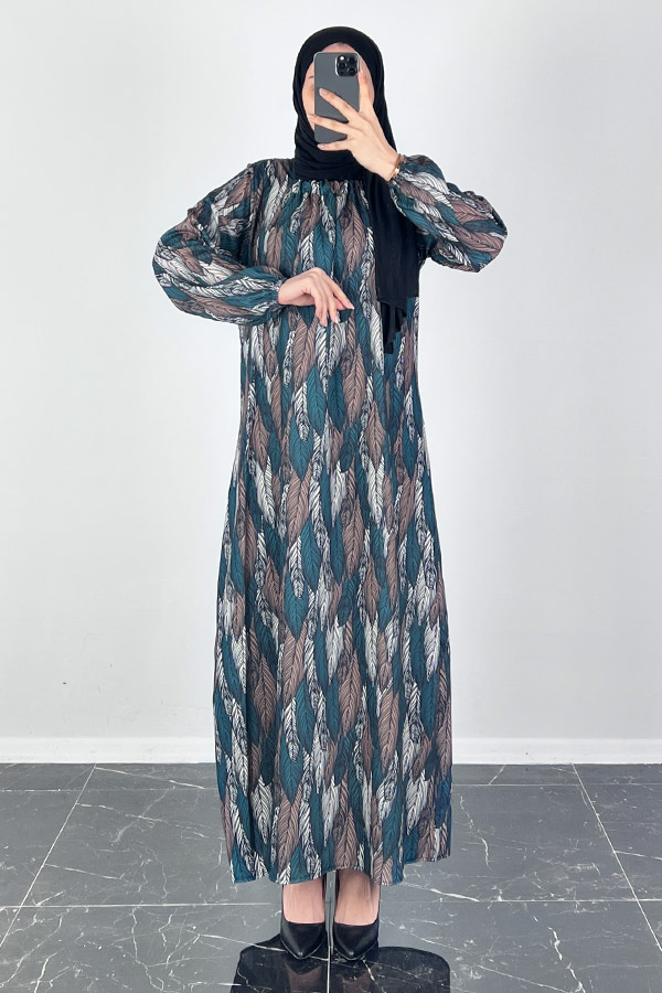Yaprak Desenli Ferace Elbise - Haki