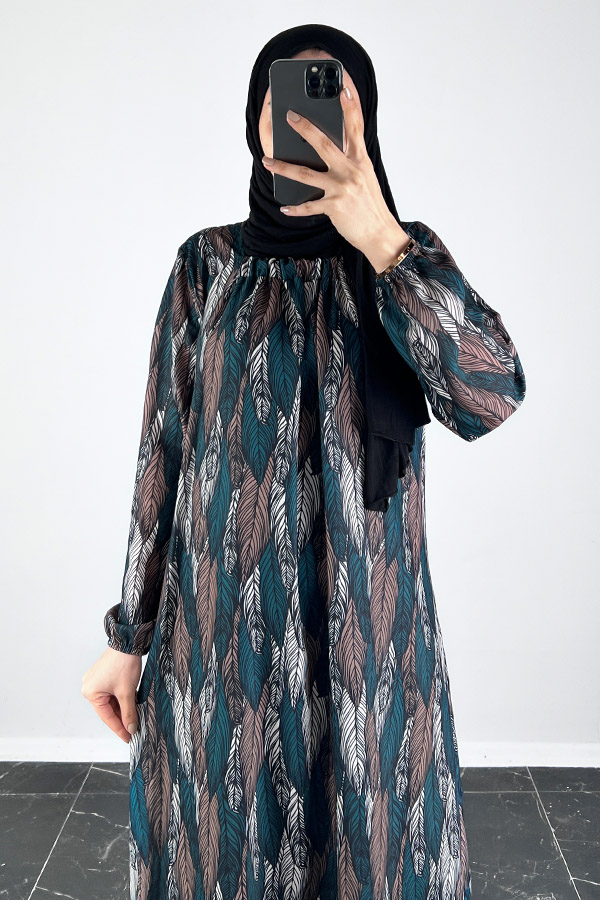 Yaprak Desenli Ferace Elbise - Haki