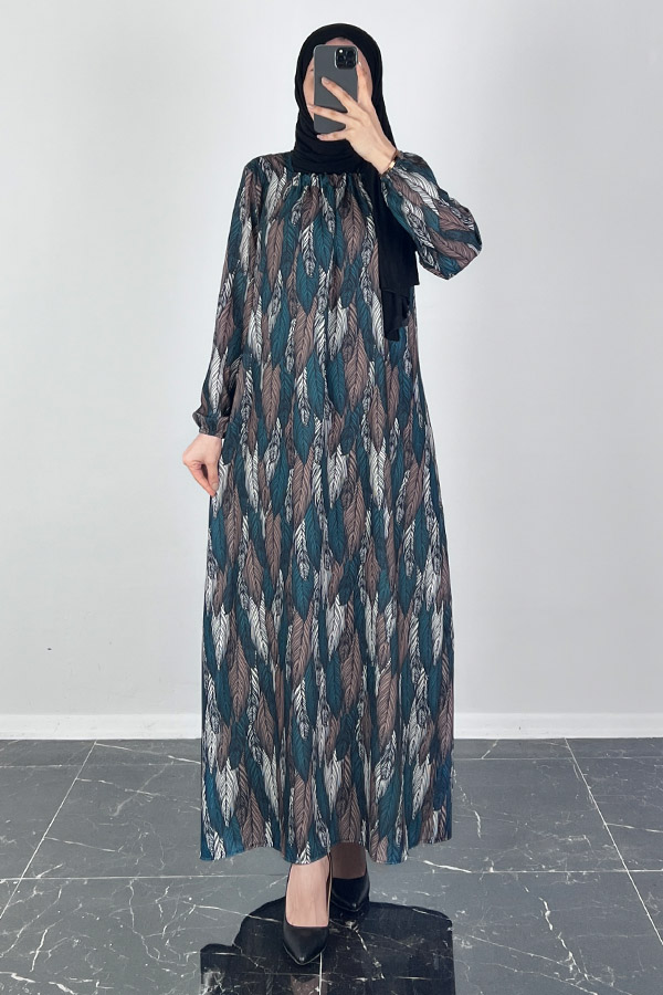Yaprak Desenli Ferace Elbise - Haki