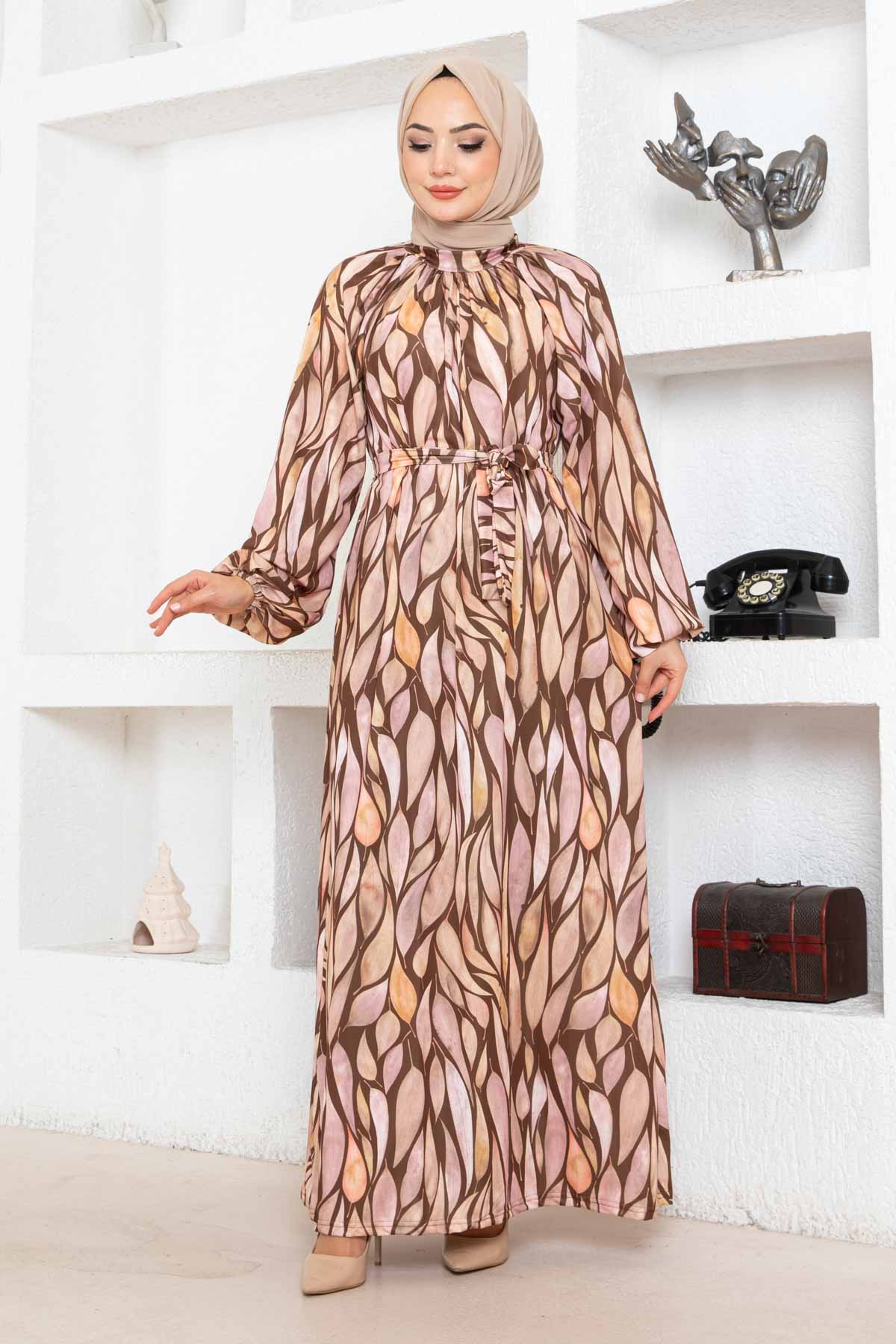 Yaprak Desen Reglan Elbise - Kahverengi