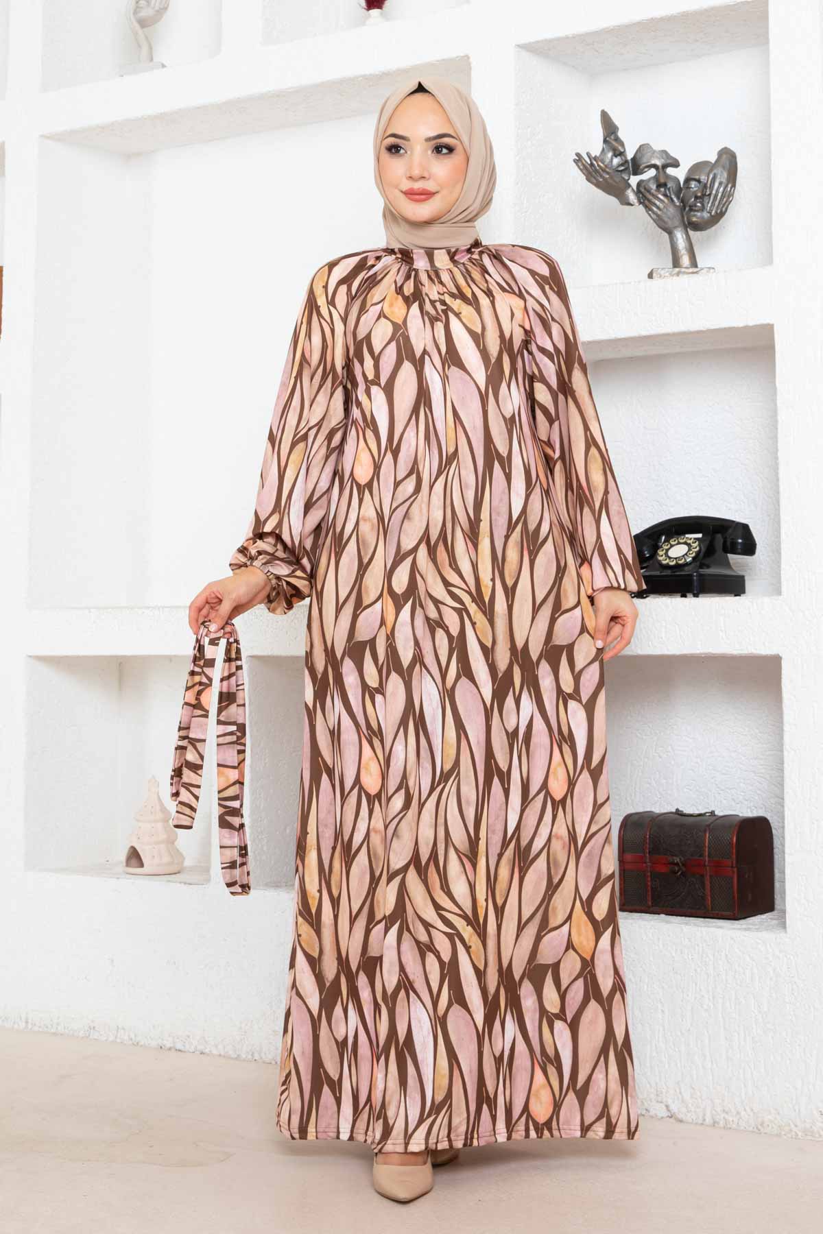 Yaprak Desen Reglan Elbise - Kahverengi