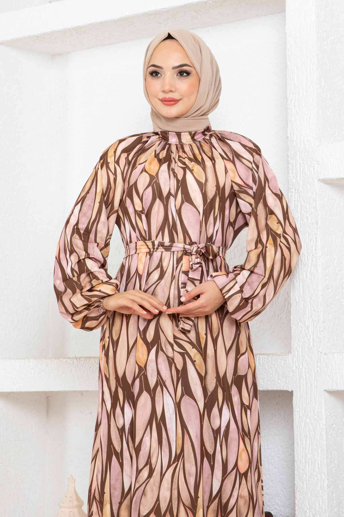 Yaprak Desen Reglan Elbise - Kahverengi