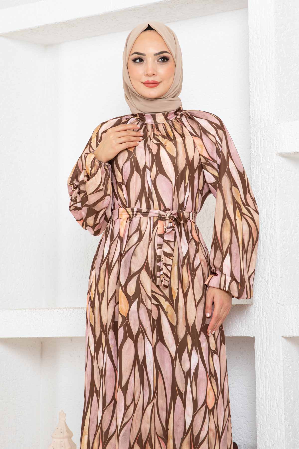 Yaprak Desen Reglan Elbise - Kahverengi