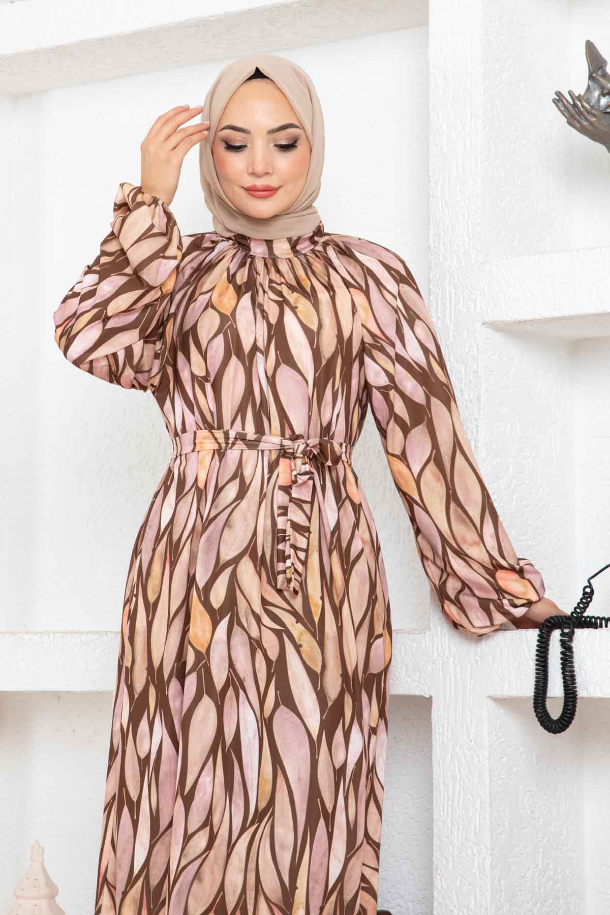 Yaprak Desen Reglan Elbise - Kahverengi