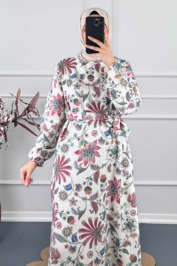 Yaprak Desenli Keten Elbise