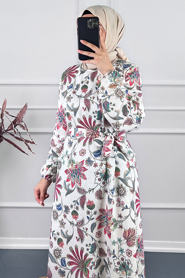 Yaprak Desenli Keten Elbise