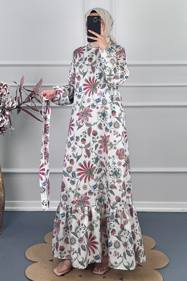 Yaprak Desenli Keten Elbise