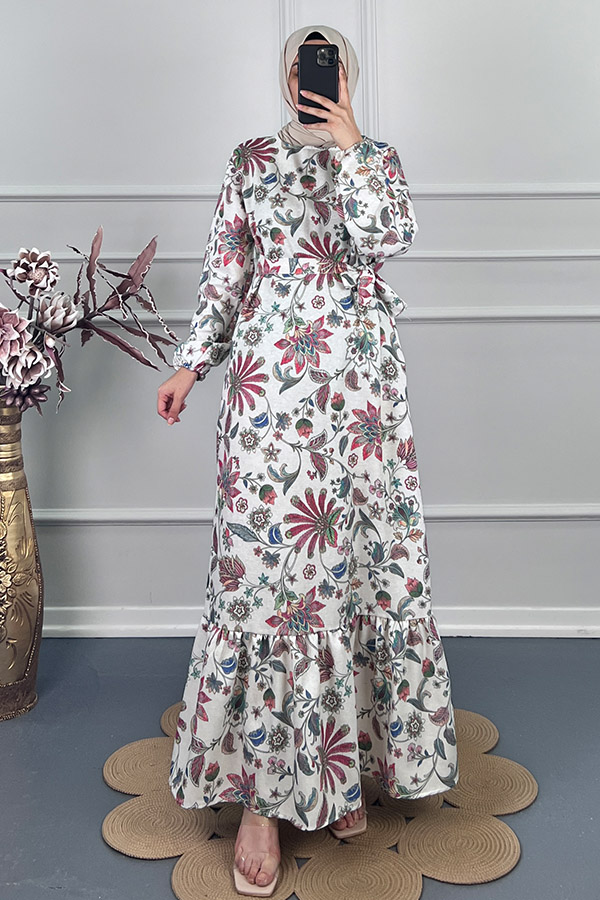 Yaprak Desenli Keten Elbise