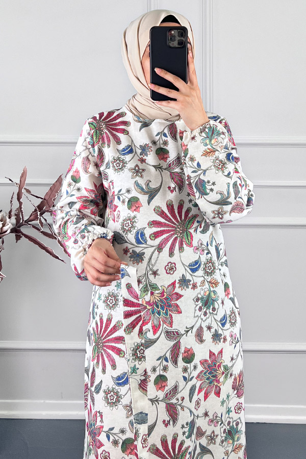 Yaprak Desenli Keten Elbise