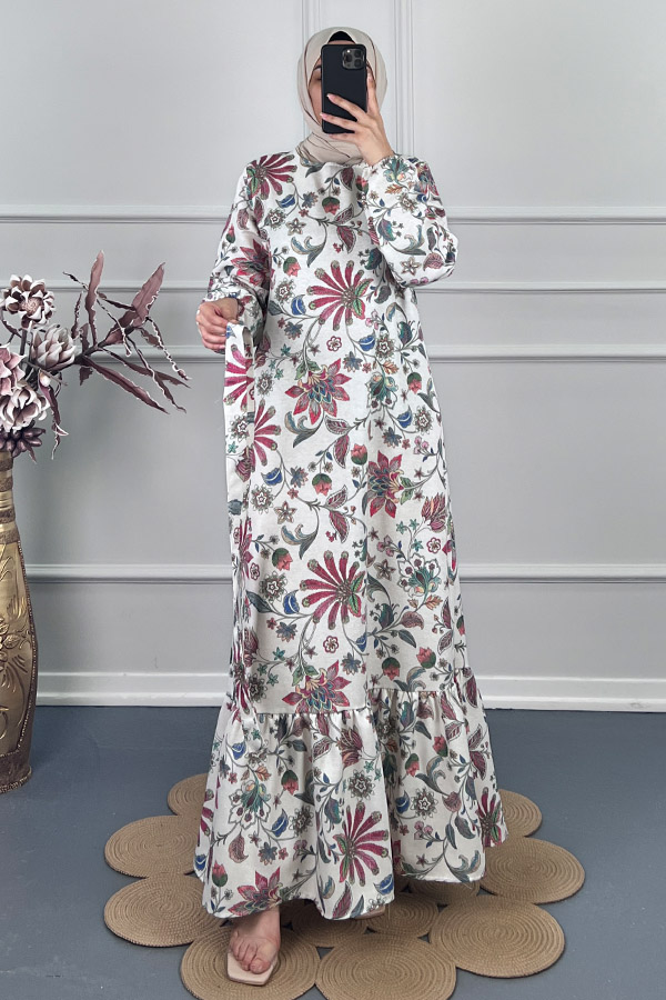 Yaprak Desenli Keten Elbise