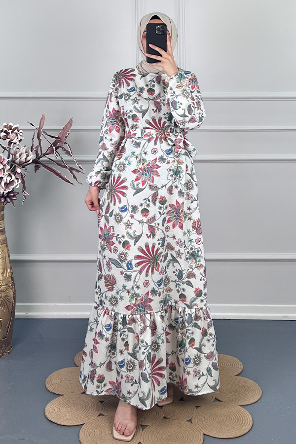 Yaprak Desenli Keten Elbise