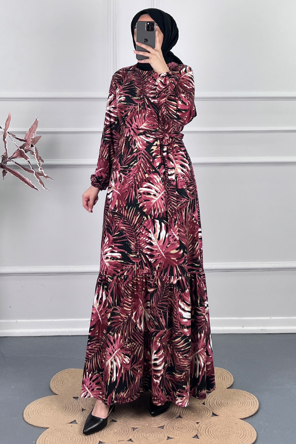 Yaprak Desenli Kışlık Süet Elbise - Bordo