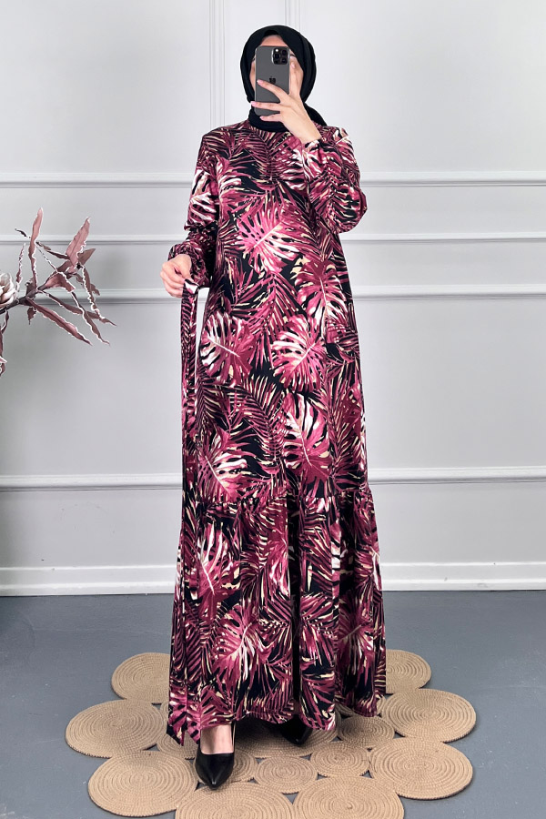 Yaprak Desenli Kışlık Süet Elbise - Bordo