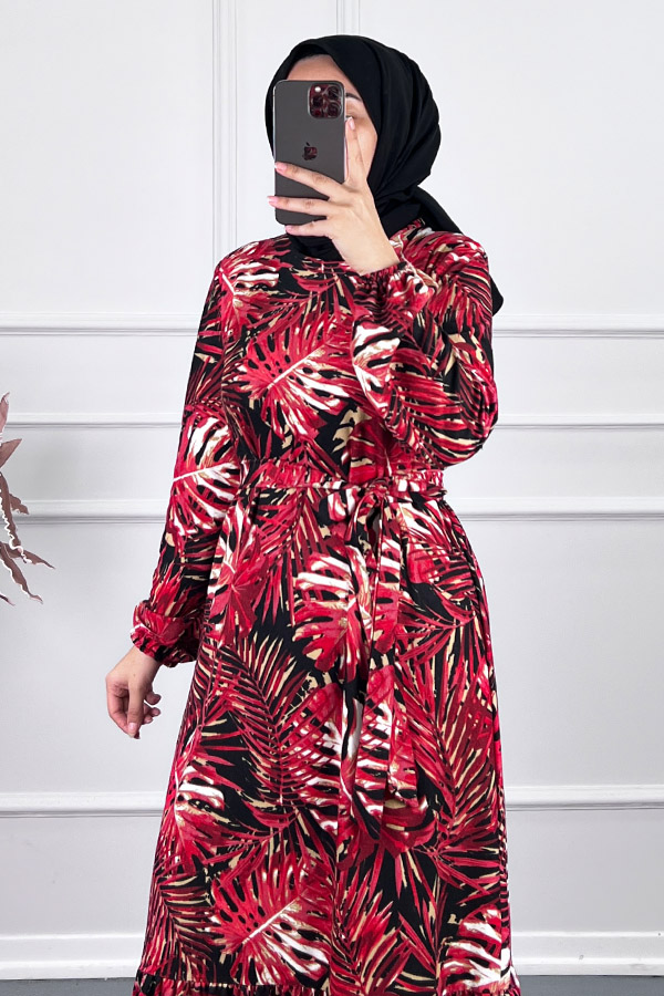Yaprak Desenli Kışlık Süet Elbise - Kırmızı