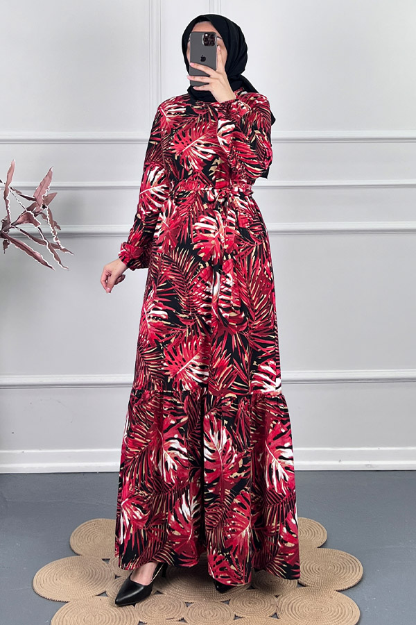 Yaprak Desenli Kışlık Süet Elbise - Kırmızı