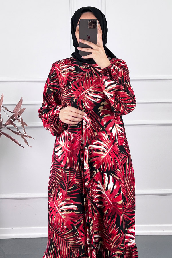 Yaprak Desenli Kışlık Süet Elbise - Kırmızı