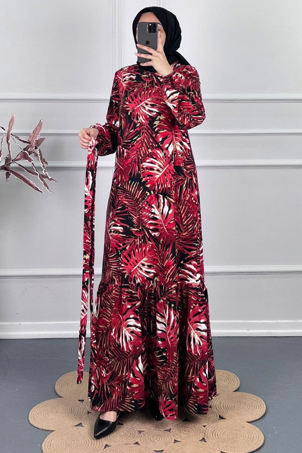 Yaprak Desenli Kışlık Süet Elbise - Kırmızı