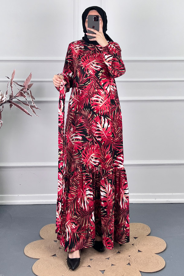 Yaprak Desenli Kışlık Süet Elbise - Kırmızı