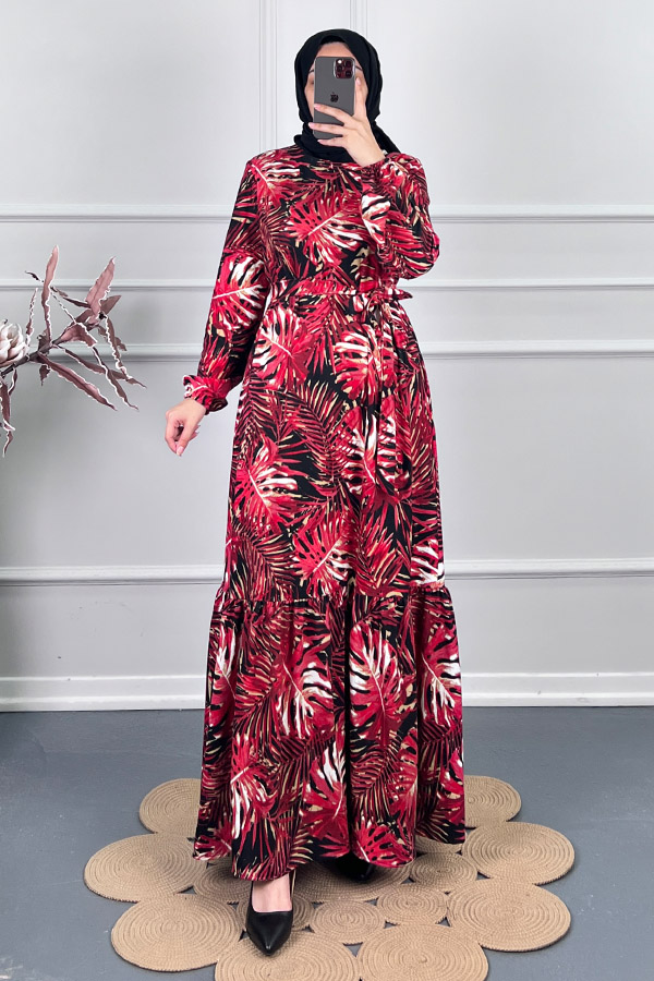 Yaprak Desenli Kışlık Süet Elbise - Kırmızı