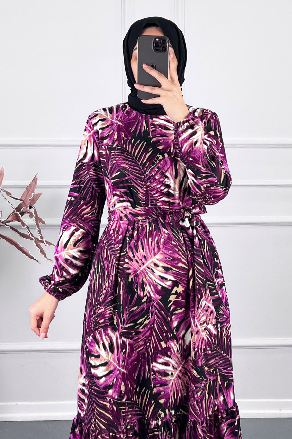 Yaprak Desenli Kışlık Süet Elbise - Mor