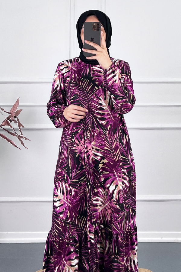 Yaprak Desenli Kışlık Süet Elbise - Mor