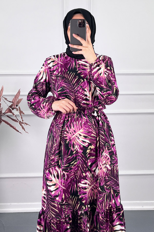 Yaprak Desenli Kışlık Süet Elbise - Mor