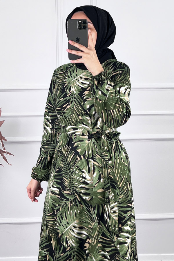 Yaprak Desenli Kışlık Süet Elbise - Yeşil