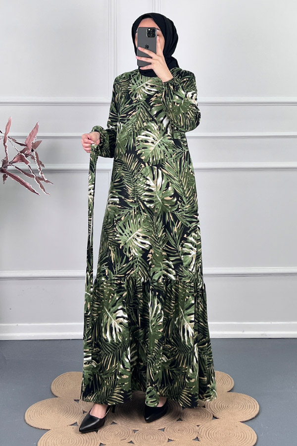 Yaprak Desenli Kışlık Süet Elbise - Yeşil