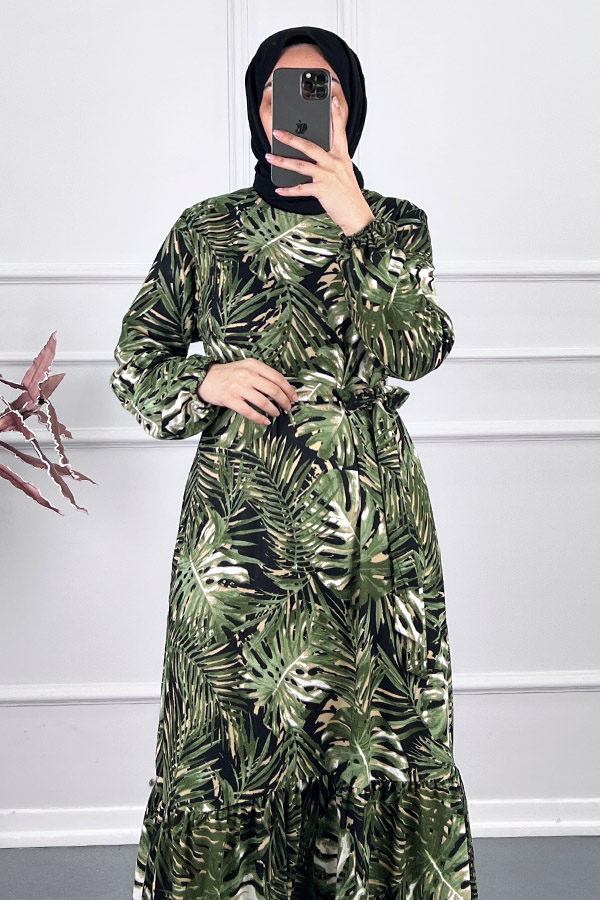 Yaprak Desenli Kışlık Süet Elbise - Yeşil