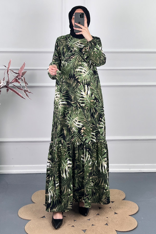 Yaprak Desenli Kışlık Süet Elbise - Yeşil