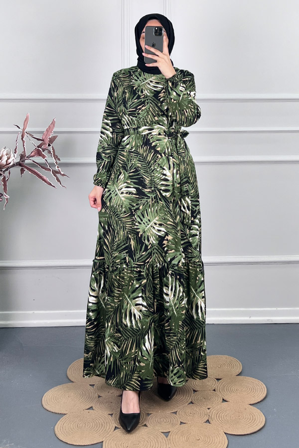 Yaprak Desenli Kışlık Süet Elbise - Yeşil