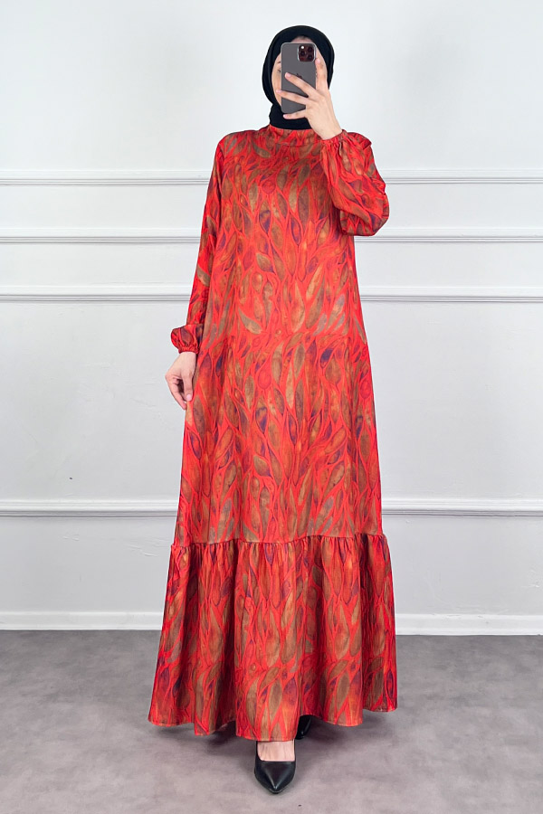 Yaprak Desenli Krep Kumaş Elbise - Kırmızı