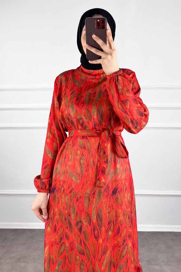 Yaprak Desenli Krep Kumaş Elbise - Kırmızı
