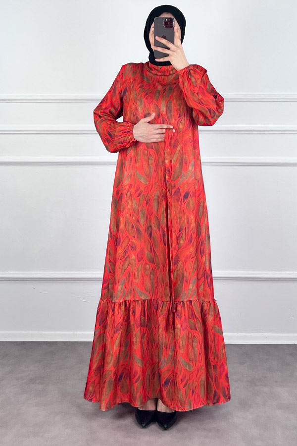 Yaprak Desenli Krep Kumaş Elbise - Kırmızı