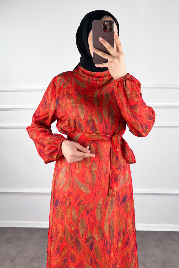 Yaprak Desenli Krep Kumaş Elbise - Kırmızı