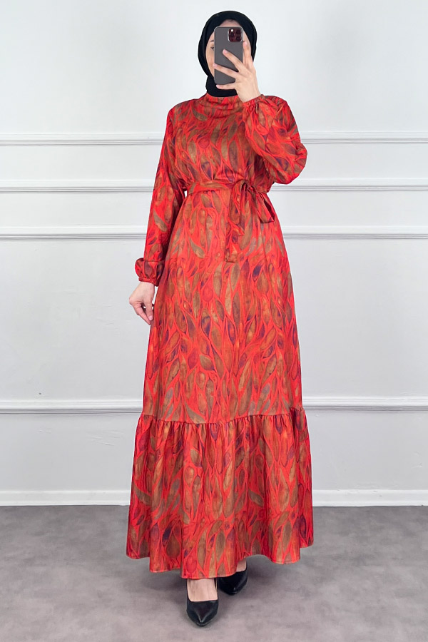 Yaprak Desenli Krep Kumaş Elbise - Kırmızı