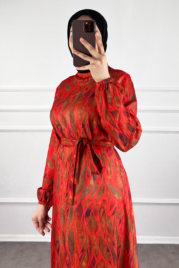 Yaprak Desenli Krep Kumaş Elbise - Kırmızı