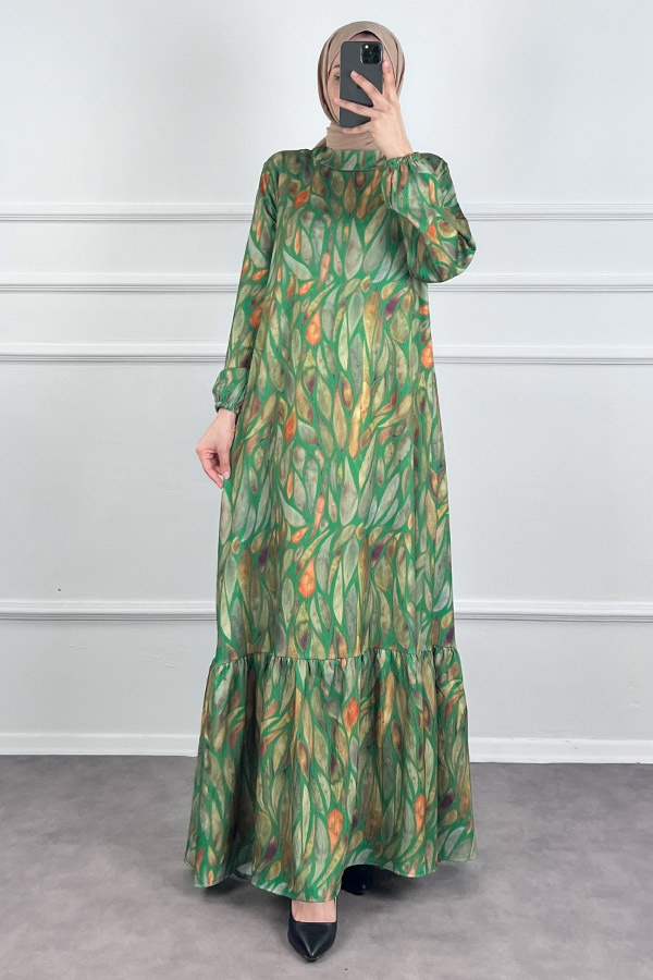 Yaprak Desenli Krep Kumaş Elbise - Yeşil