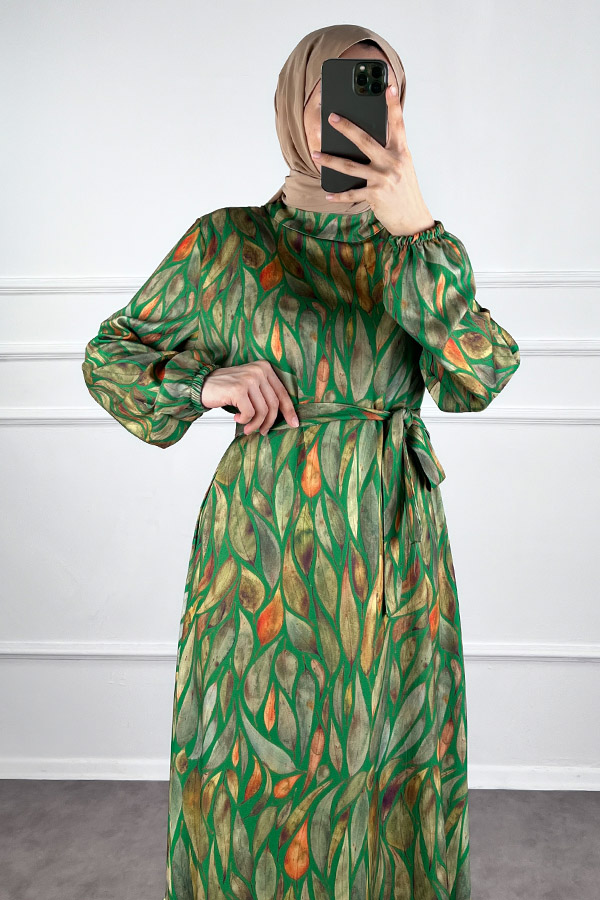 Yaprak Desenli Krep Kumaş Elbise - Yeşil