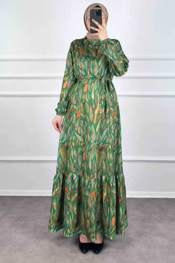 Yaprak Desenli Krep Kumaş Elbise - Yeşil