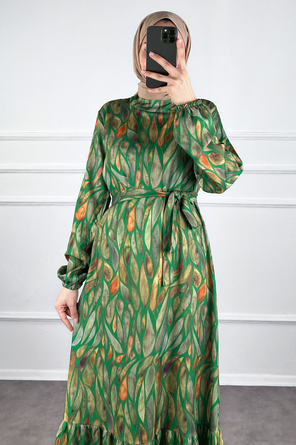 Yaprak Desenli Krep Kumaş Elbise - Yeşil
