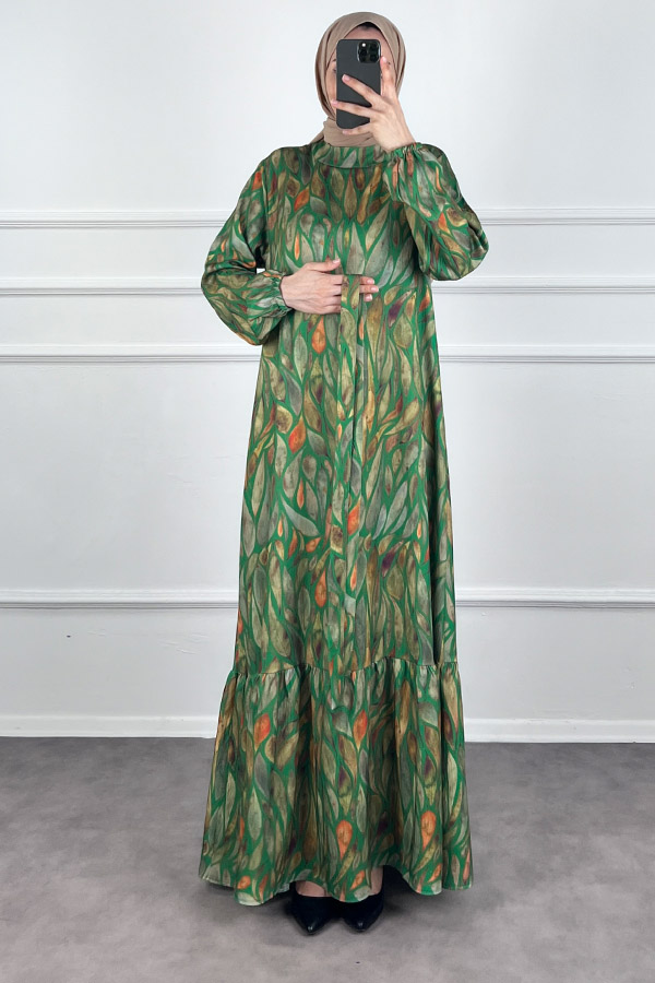 Yaprak Desenli Krep Kumaş Elbise - Yeşil