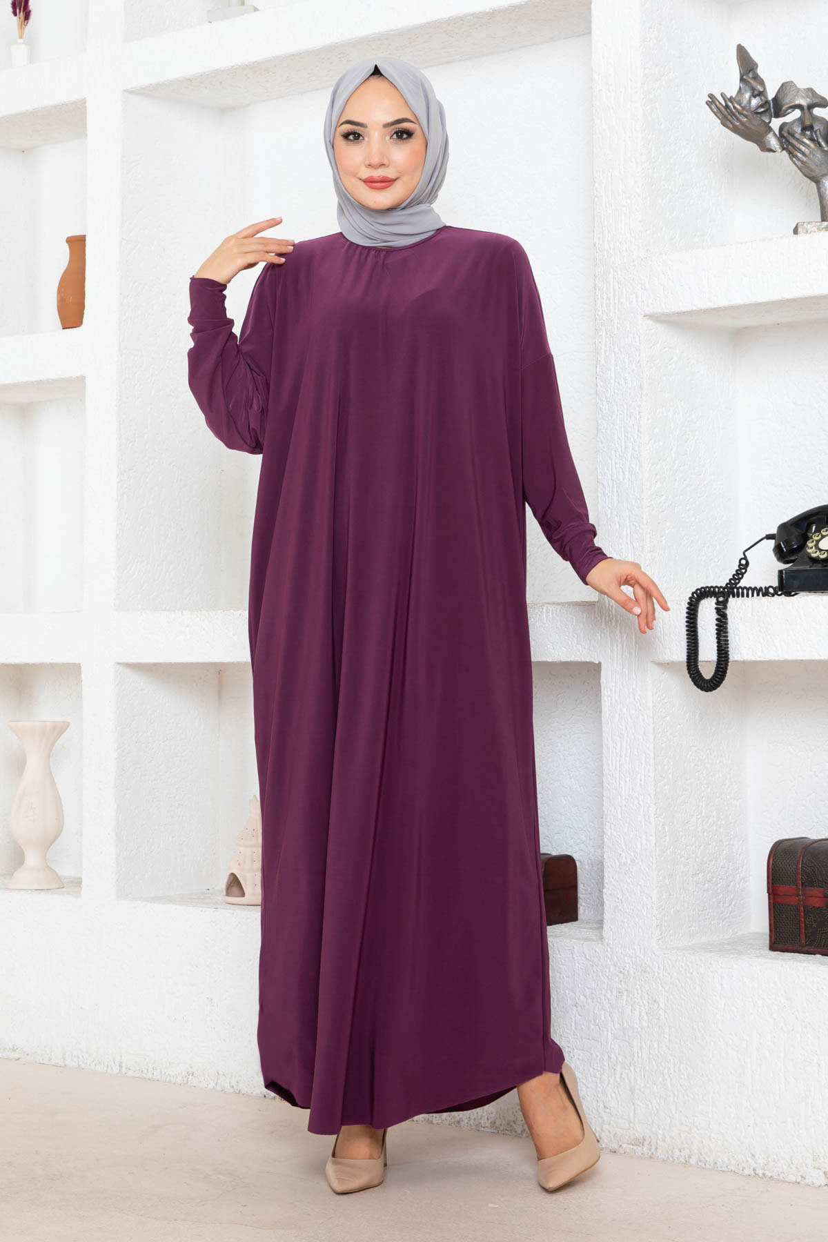 Yarasa Kol Elbise - Eflatun